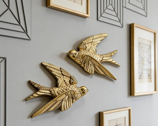 AMOIENSIS Bird Wall Sculpture Art, (Set of 2) 4¾ inch Resin Gold Bird 3D Sculpted Floating Hanging Wall Sculpture Decoration