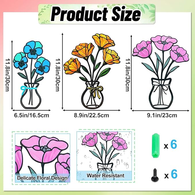 FaloStwer 3 Pieces Metal Vase Flowers Wall Arts Decor, Rustic Farmhouse Style Décor Metal Wall Decors Sculptures, Minimalist Flower Natural Themed Decorations for Home Bedroom Dining Room Housewarming Gifts(Colorful-D)