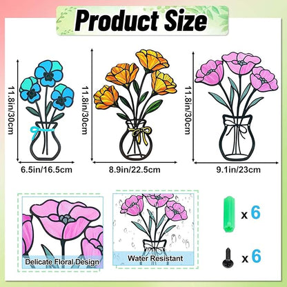 FaloStwer 3 Pieces Metal Vase Flowers Wall Arts Decor, Rustic Farmhouse Style Décor Metal Wall Decors Sculptures, Minimalist Flower Natural Themed Decorations for Home Bedroom Dining Room Housewarming Gifts(Colorful-D)