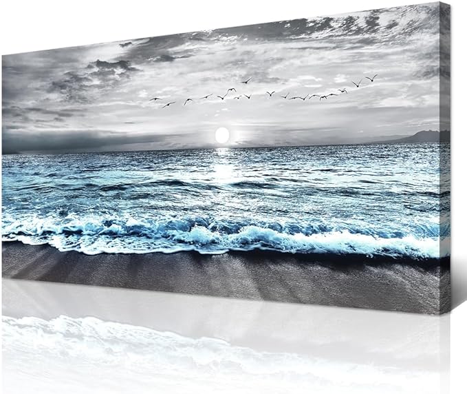 Wapluam Large Canvas Wall Art For Living Room Wall Decor For Bedroom Office Wall Decorations Black And White Painting Blue Sea Wave Pictures Artwork For Modern Stretched and Framed Beach Posters