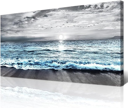 Wapluam Large Canvas Wall Art For Living Room Wall Decor For Bedroom Office Wall Decorations Black And White Painting Blue Sea Wave Pictures Artwork For Modern Stretched and Framed Beach Posters