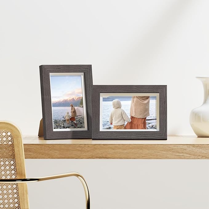 Vittanly 4x6 Picture Frames Set of 9, Display 3.5x5 Pictures with Mat or 4x6 without Mat, Photo Frames for Wall or Tabletop with Plexiglass, Engineered Wood, Dark Grey