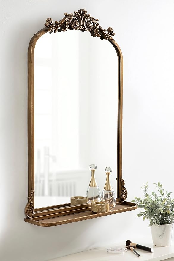 Kate and Laurel Arendahl Traditional Vintage Arch Mirror with Shelf, 21 x 32, Gold, Baroque Antique Arched Wall Mirror with Functional Shelf and Ornate Frame