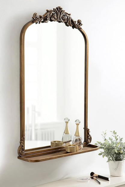 Kate and Laurel Arendahl Traditional Vintage Arch Mirror with Shelf, 21 x 32, Gold, Baroque Antique Arched Wall Mirror with Functional Shelf and Ornate Frame