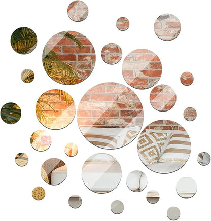 Jetec 28 Pcs Real Glass Round Mirror Tiles Frameless Wall Glass Tiles Round Wall-Mount Mirrors with Acrylic Double Sided Adhesive for Bedroom Bathroom Craft(2/3/4/6/8/10 Inch)