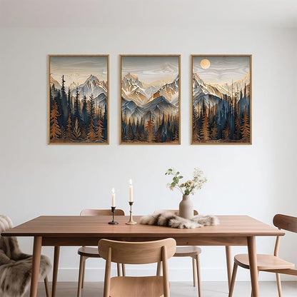 Mountain Wood Framed Canvas Wall Art Set,Rustic Pine Trees Wall Painting,Boho Ridge Scenery Wall Decor,Natural Sun Landscape Art Print for Living Room,Bedroom,Dining Room,Office-16 x24 x3