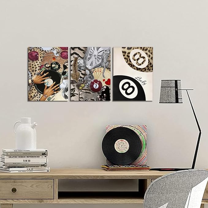 Fashion Cheetah Wall Art Set of 3 Leopard Wall Decor Pictures Lucky 8 Ball Poster Canvas Painting Prints Dark Red Cheetah Artwork for Bedroom Living Room Framed 12x16 inch
