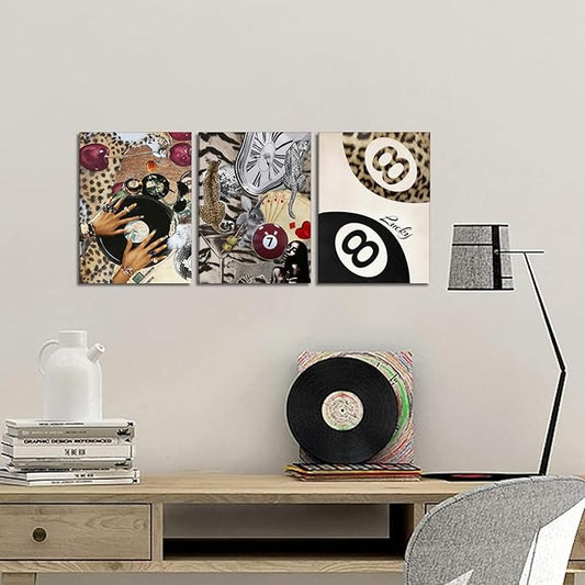 Fashion Cheetah Wall Art Set of 3 Leopard Wall Decor Pictures Lucky 8 Ball Poster Canvas Painting Prints Dark Red Cheetah Artwork for Bedroom Living Room Framed 12x16 inch