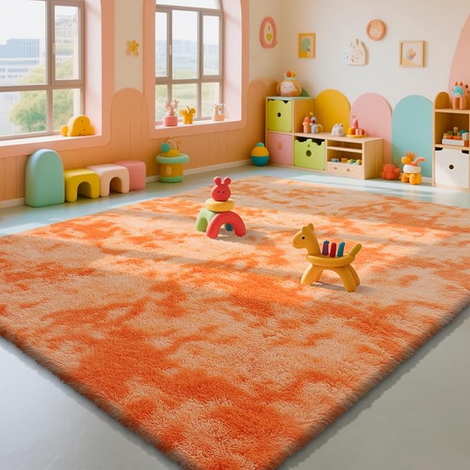 Mottling Orange Fluffy Rug Shag Area Rug, 8x10 Area Rugs for Girls Bedroom, Big Soft Shag Bedside Non-Slip Plush Dorm Nursery Kids Carpet Home Decor Aesthetic