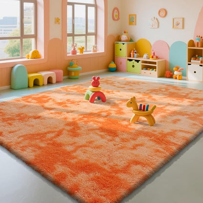 Mottling Orange Fluffy Rug Shag Area Rug, 8x10 Area Rugs for Girls Bedroom, Big Soft Shag Bedside Non-Slip Plush Dorm Nursery Kids Carpet Home Decor Aesthetic