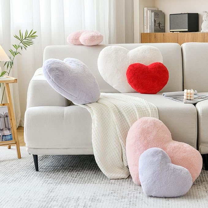 XVTRU Grey Heart Pillows, Cute Heart Decorative Pillow, Heart Shaped Throw Pillows for Bed, Faux Rabbit Fur Plush Hoom Decor Pillow Cushion for Chair Sofa Living Room (Large-19.6"x15.7")