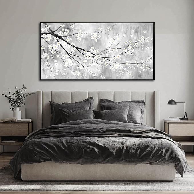 WINKAILIN White Black and Gold Plum Blossom Canvas Wall Art with Black Frame 24"x48" Floral Artwork Modern Botanical Wall Decor for Bedroom Living Room Office Kitchen