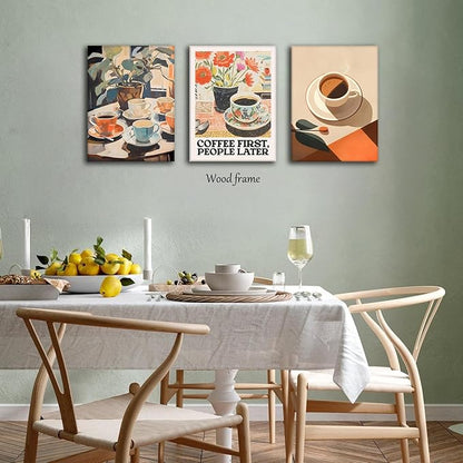 Vintage Coffee Kitchen Canvas Wall Art Set of 3, Fashion Aesthetic Flowers Espresso Poster Picture, Simple Travel Drinks Wall Decor Painting Prints for Dining Room Cafe Bar 16x24 Inch Framed
