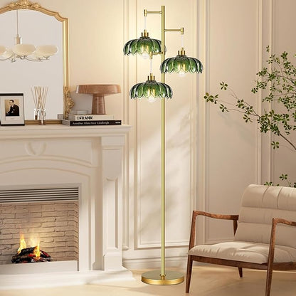 AHDWDW Gold Floor Lamp for Living Room Bedroom,Modern Floor Lamps with Unique Green Glass Shades,3 Lights Mid Century Tall Standing Lamp,Vintage Tree Flower Floor Lamp for Corner Office Reading