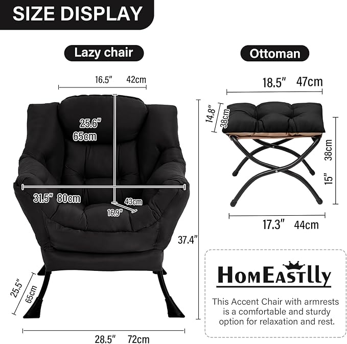 Lazy Chair with Ottoman, Large Black Accent Chair with Ottoman, Comfy Reading Armchair, Leisure Sofa Chair for Living Room, Bedroom, Dorm Room, Office