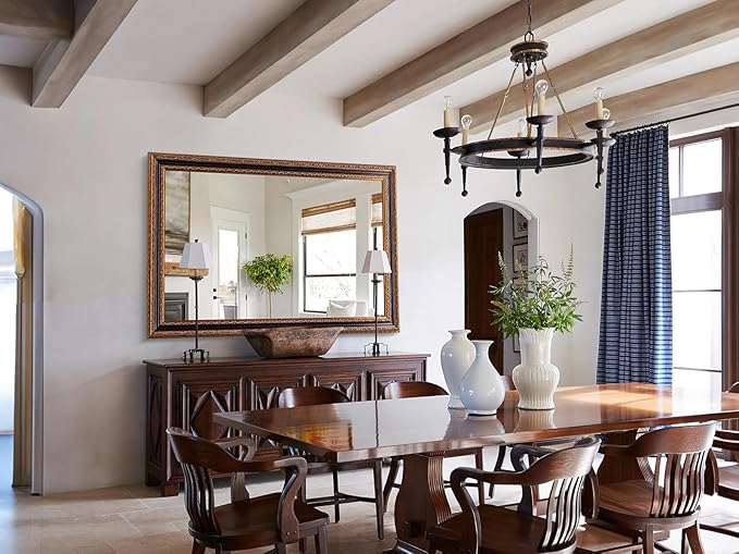 Large Vintage Mirror 53" X 37.5" for Bathroom, Black-Bronze Handmade Aging Ornate Wood Frame Mirror for Bedroom, Fireplace, Dining Room and Living Room