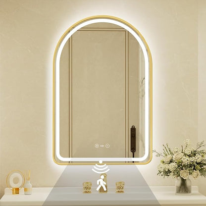 22x32 Inch Arched Gold Framed LED Bathroom Mirror with Lights,Smart Bathroom Mirror,Motion Sensor,Tempered Glass,Anti-Fog,Stepless Dimmable & 3 Colors,Memory,Vanity Mirror for Wall