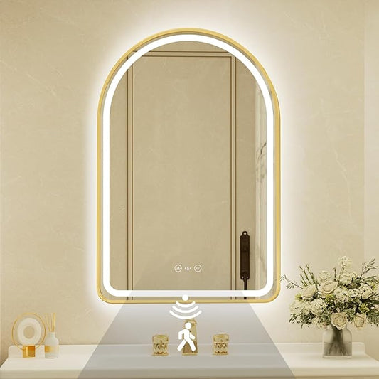 22x32 Inch Arched Gold Framed LED Bathroom Mirror with Lights,Smart Bathroom Mirror,Motion Sensor,Tempered Glass,Anti-Fog,Stepless Dimmable & 3 Colors,Memory,Vanity Mirror for Wall