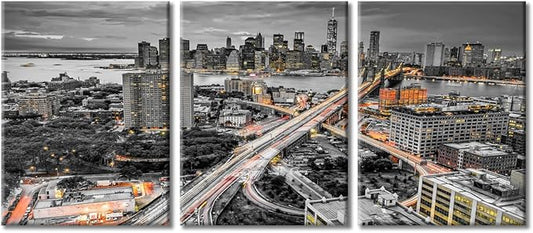 TUMOVO Brooke Bridge, Manhattan, New York Skyline Black and White Wall Art 3 Pieces Nighttime Lightscape Bedroom Living Room City Skyline Wall Decor for Living Room Framed Ready to Hang (36" Wx16 H)
