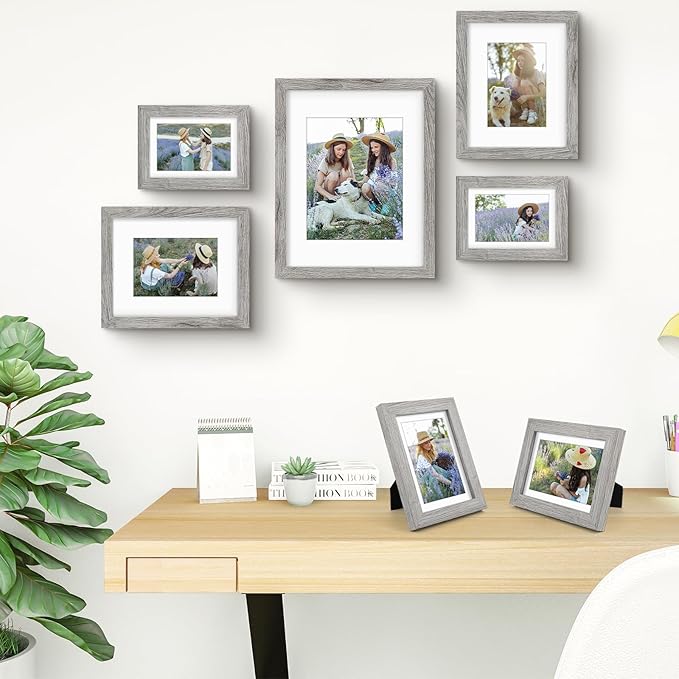 Frametory, Gallery Wall Frame Set of 7 Multiple Sizes 11x14, 8x10, 5x7 Picture Frame Collage with White Mat for Prints, with Real Glass (Grey)