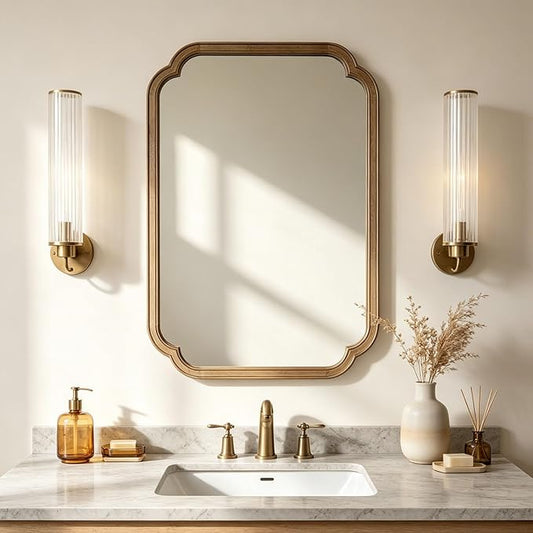 HOMECOOKIN Wood Bathroom Mirror for Wall Decor Arched Rounded Corner Rustic Wood Frame Wall Mirror Home Decorative for Vanity, Living Room, Bedroom, Entryway (24 x 36 inch, Honey A)