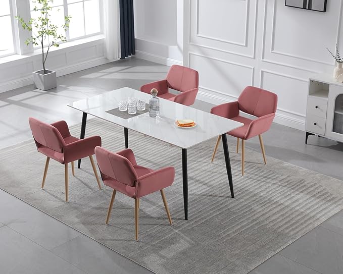 KCC Small Modern Dining Room Arm Chairs Set of 2, Mid-Century Upholstered Velvet Side Seat Club Guest with Metal Tube Legs for Kitchen, Living Room, Rose