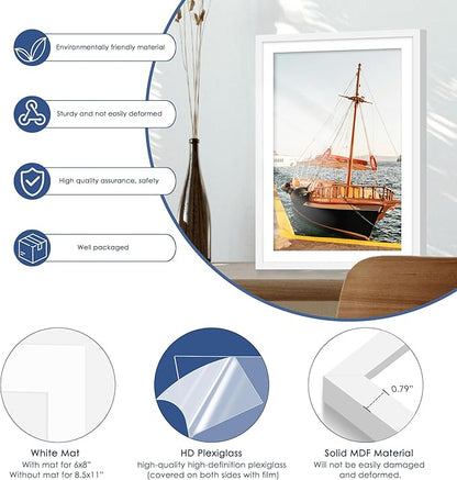 PEALSN 13x19 Picture Frame Set of 6, Display Pictures 11 x 17 with Mat or 13 x 19 without Mat for Wall Mounting Display, Poster Frames Collage for Wall Decor, White.
