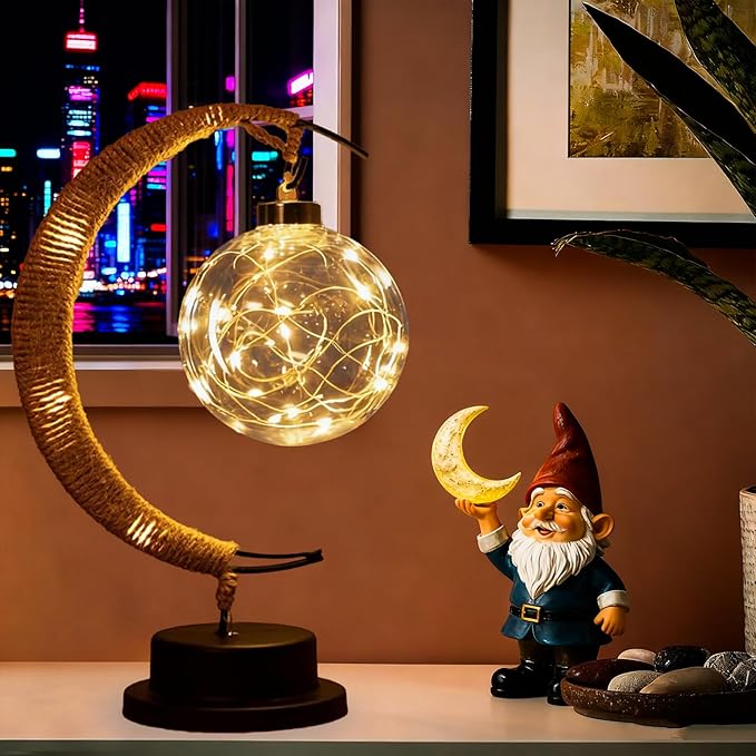 Moon Table Night Light with Hanging Star Ramadan Decorative Lamp Battery Operated Suitable for Home Bedroom Shop Dining Table Holiday Party Eid Festival Decoration (HEMPmoon-WW-Ball)