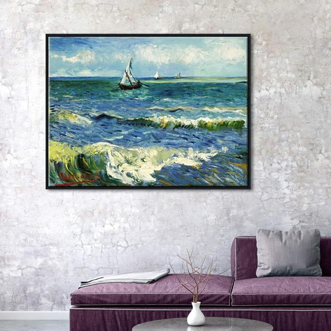 Wieco Art Framed Art Prints Seascape at Saintes Maries by Vincent Van Gogh Modern Canvas Prints Sea Pictures on Canvas Wall Art for Living Room Home Decorations Black Frame