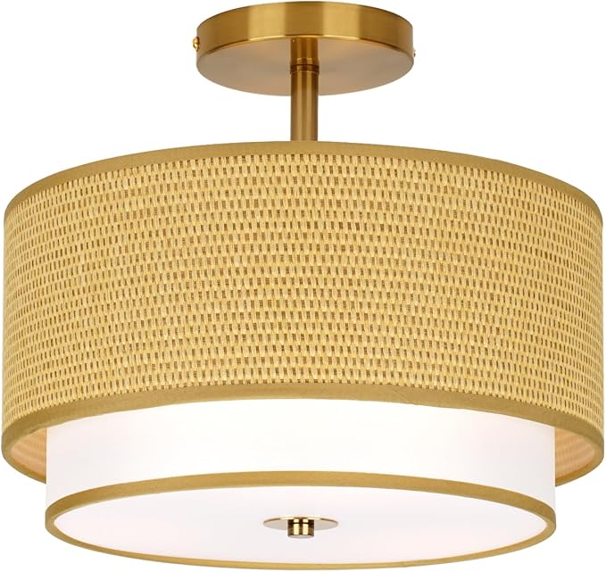 Vexagyle Boho Light Fixtures Woven Rattan-Style Flush Mount Ceiling Light, 12.6inch Closed to Ceiling Light Fixture with 2-Tier Drum Design for Bedrooms, Kitchen, Dining Room, Hallway