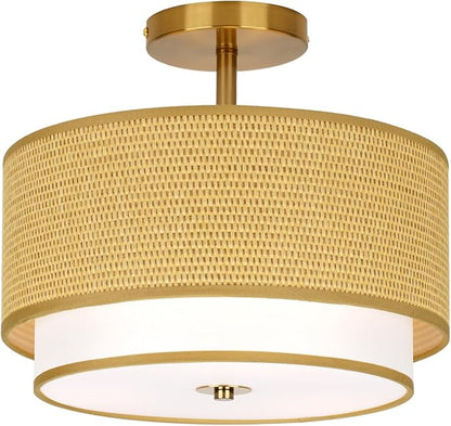 Vexagyle Boho Light Fixtures Woven Rattan-Style Flush Mount Ceiling Light, 12.6inch Closed to Ceiling Light Fixture with 2-Tier Drum Design for Bedrooms, Kitchen, Dining Room, Hallway
