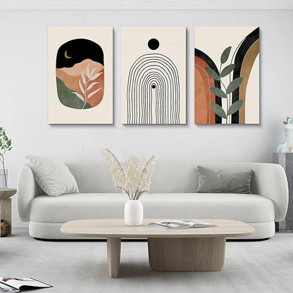 Boho Wall Art Set of 3, Mid Century Modern Canvas Wall Painting, Neutral Abstract Geometric Prints for Bedroom, Bathroom, Living Room, Office