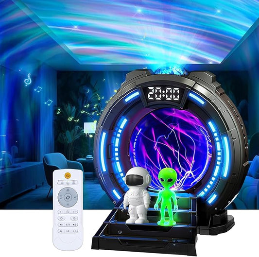 Northern Lights Projector with Plasma Ball Lamp, White Noise, Music Speaker, Alarm Clock & Remote, Stargate Astronaut Galaxy Aurora Night Light Projector for Bedroom Gaming Birthday Valentines Gifts
