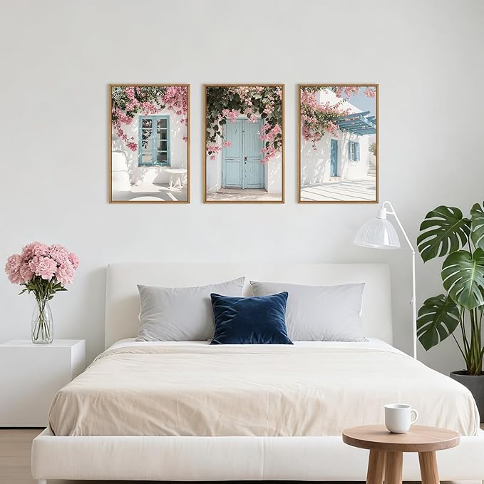 HOURIA Spring Modern Greek Island Cityscape Framed Canvas Wall Art Set,European White House Blue Door Shutter Landscape Wall Decor,Santorini Natural Pink Flower Artwork for Living Room, Bedroom-24"x36"x3