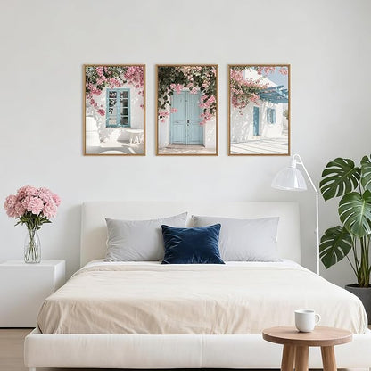 HOURIA Spring Modern Greek Island Cityscape Framed Canvas Wall Art Set,European White House Blue Door Shutter Landscape Wall Decor,Santorini Natural Pink Flower Artwork for Living Room, Bedroom-24"x36"x3