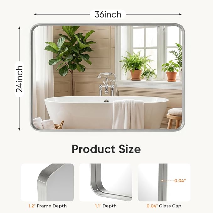 NEWBULIG 24"x36" Sliver Wall Mirror, Bathroom Mirrors for Over Sink, Matte Metal Framed Vanity Mirror with Tempered Glass, Entryway, Living Room, Bedroom