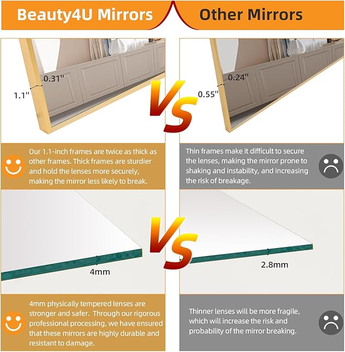 Beauty4U 65" x 24" Full Length Mirror with Stand, Gold Wall Mounting Full Body Mirror, Metal Frame Full-Length Tempered Mirror for Living Room, Bedroom