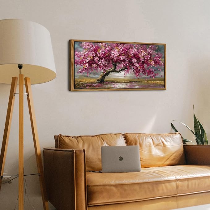 Pink Tree of Life Wall Art Framed Abstract Daisy Flower Picture for Living Room Colorful Plant Botanical Texture Canvas Prints Nature Painting Artwork Bathroom Bedroom Office Home Decoration 20x40