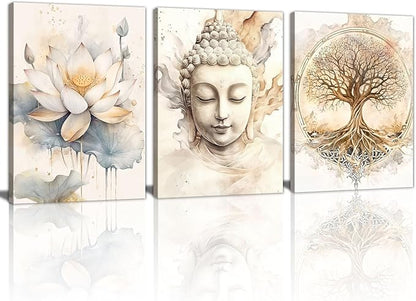 WENGTIAO 3Pcs Zen Canvas Wall Art Prints Beige Tree of Life Wall Paintings Buddha Lotus Pictures Posters Religious Spiritual Meditation Room Decor for Living Room Bedroom Spa Office 12x16x3Pcs