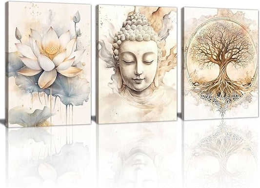 WENGTIAO 3Pcs Zen Canvas Wall Art Prints Beige Tree of Life Wall Paintings Buddha Lotus Pictures Posters Religious Spiritual Meditation Room Decor for Living Room Bedroom Spa Office 12x16x3Pcs