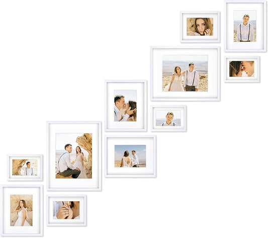VELISTA 11 Piece Stair Picture Frame Set for Wall – Shadow Box Stairwell Gallery Wall Frame Set -Stairway Décor for Walls - Ladder Picture Frames 4x6, 5x7, and 8x10 in - Staircase Wall Décor (White)