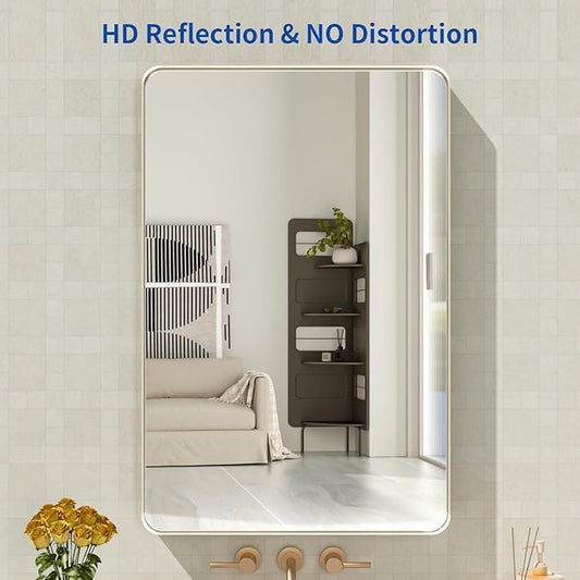 WEER 20X30 Inch Brushed Nickel Bathroom Mirror, Brushed Silver Metal Frame Mirror, Rounded Rectangle Silver Bathroom Vanity Mirror, Tempered Glass, Anti-Rust, Hangs Horizontally or Vertically