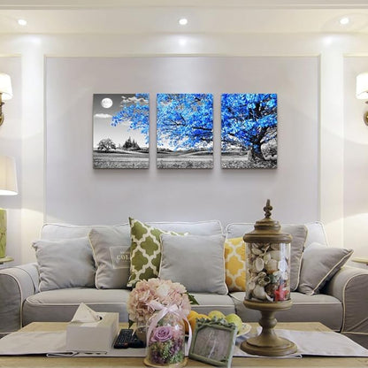 Wall Art For Living Room black and white Blue tree moon Canvas Wall Decor for Home artwork huge Painting 16" x 24" 3 Pieces Canvas Print For bedroom Decor Modern Salon kitchen office Hang a picture