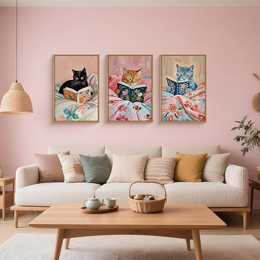 HPNIUB Cute Reading Cat Framed Wall Art Set,Funny Black Cat Animal Book Wall Decor,Vintage Colorful Pink Aesthetic Art Print Artwork for Nursery Girls Bedroom,Bathroom,Office-24''x36''x3