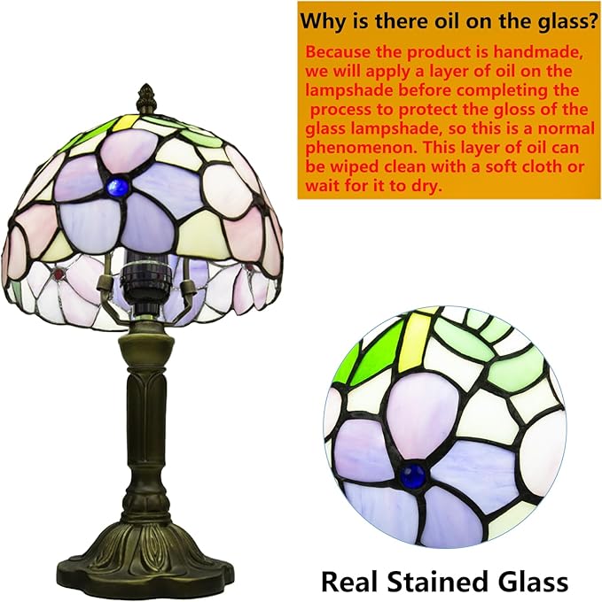 Tiffany Style Table Lamp, 3 Color Temperatures Bedside Lamp, 8 Inch Stained Glass Desk Light for Home Office Bedroom Living Room (4 Flower Pattern)
