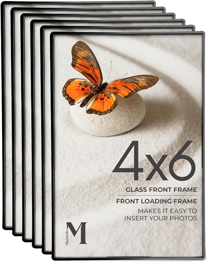 Mantello Front Loading Black Picture Frame - 4x6-Inch Photos -For Tabletop or Wall Decor - Artwork - 6 Pack