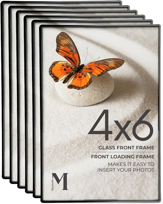Mantello Front Loading Black Picture Frame - 4x6-Inch Photos -For Tabletop or Wall Decor - Artwork - 6 Pack