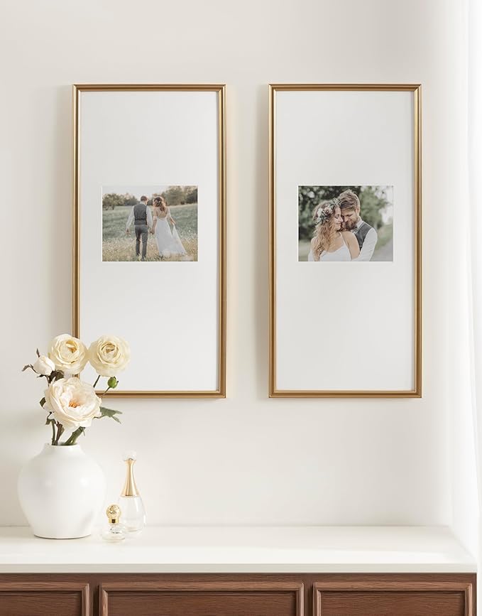 Kate and Laurel Adlynn Rectangular Panel Picture Frame Set of 2, 14 x 30 matted to 8 x 10, Gold, Modern Two-Piece Photo Frame Set for Gallery Wall Decor in Living Room Wall Display