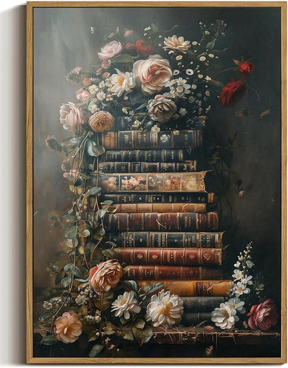WALLZK Vintage Framed Wall Art Floral Books Canvas Prints Library Antique Literary Retro Decor Botanical Pictures Artwork for Walls Living Room Study Bedroom Bathroom 12"x16"
