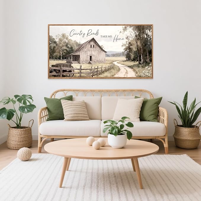 Aurlan Country Roads Take Me Home Wall Art(40"x20"), Neutral Countryside Cottage Cabin Farmhouse Old Barn Canvas Artwork, Large Vintage Rustic Nature Meadow Field Landscape Decor for Home Dining Room
